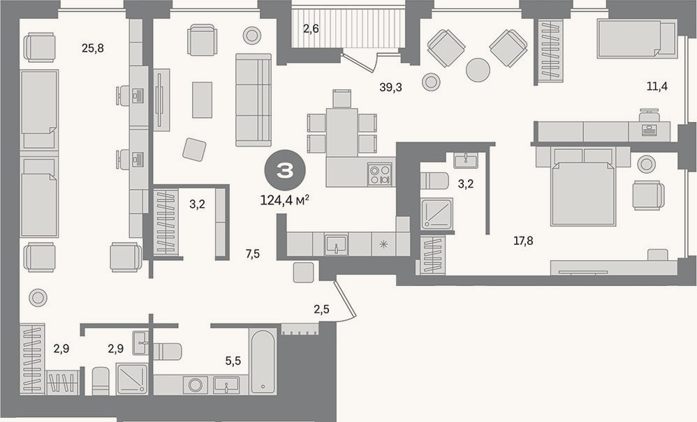 Планировка: 3-к, 121,8 м²