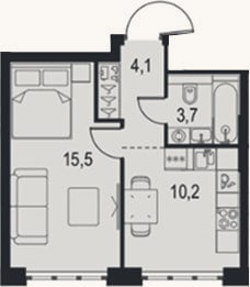 Планировка: 1-к, 33,5 м²