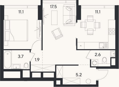Планировка: 2-к, 53,1 м²