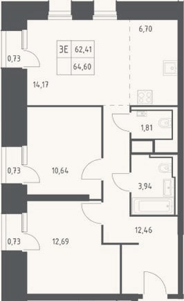 Планировка: 3-к, 62,4 м²