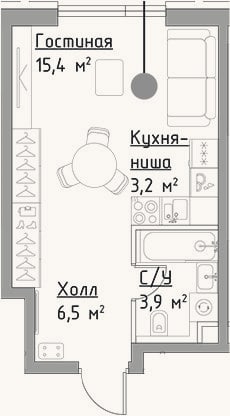 Планировка: Студия, 29 м²