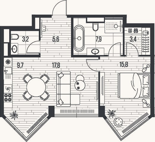 Планировка: 2-к, 63,4 м²