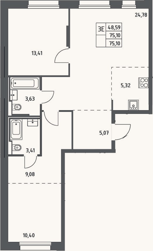 Планировка: 3-к, 75,1 м²