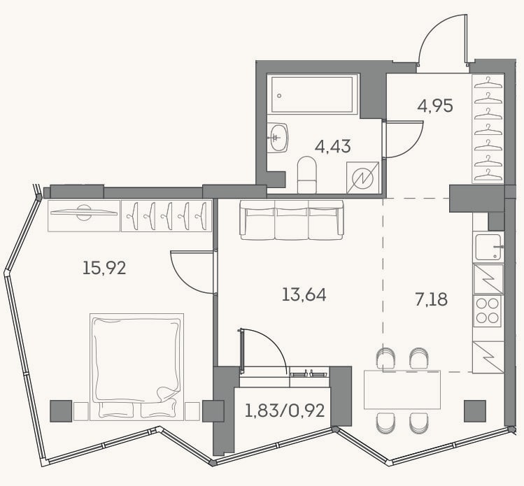 Планировка: 2-к, 46,1 м²