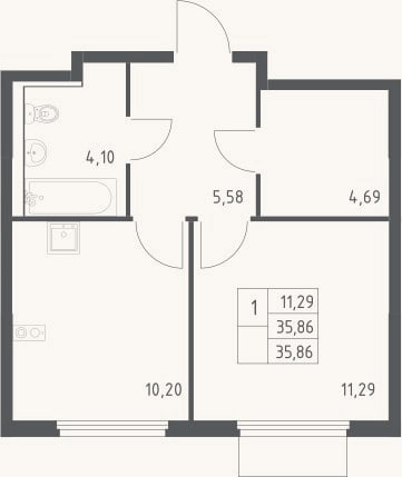 Планировка: 1-к, 35,9 м²