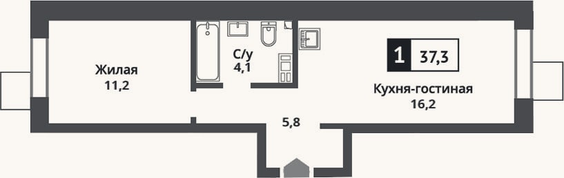 Планировка: 2-к, 37,3 м²