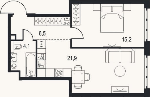 Планировка: 1-к, 47,7 м²
