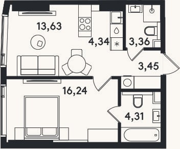 Планировка: 2-к, 45,3 м²