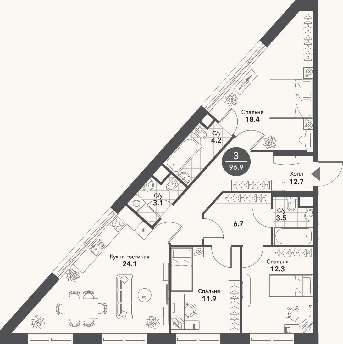 Планировка: 4+ к, 96,9 м²