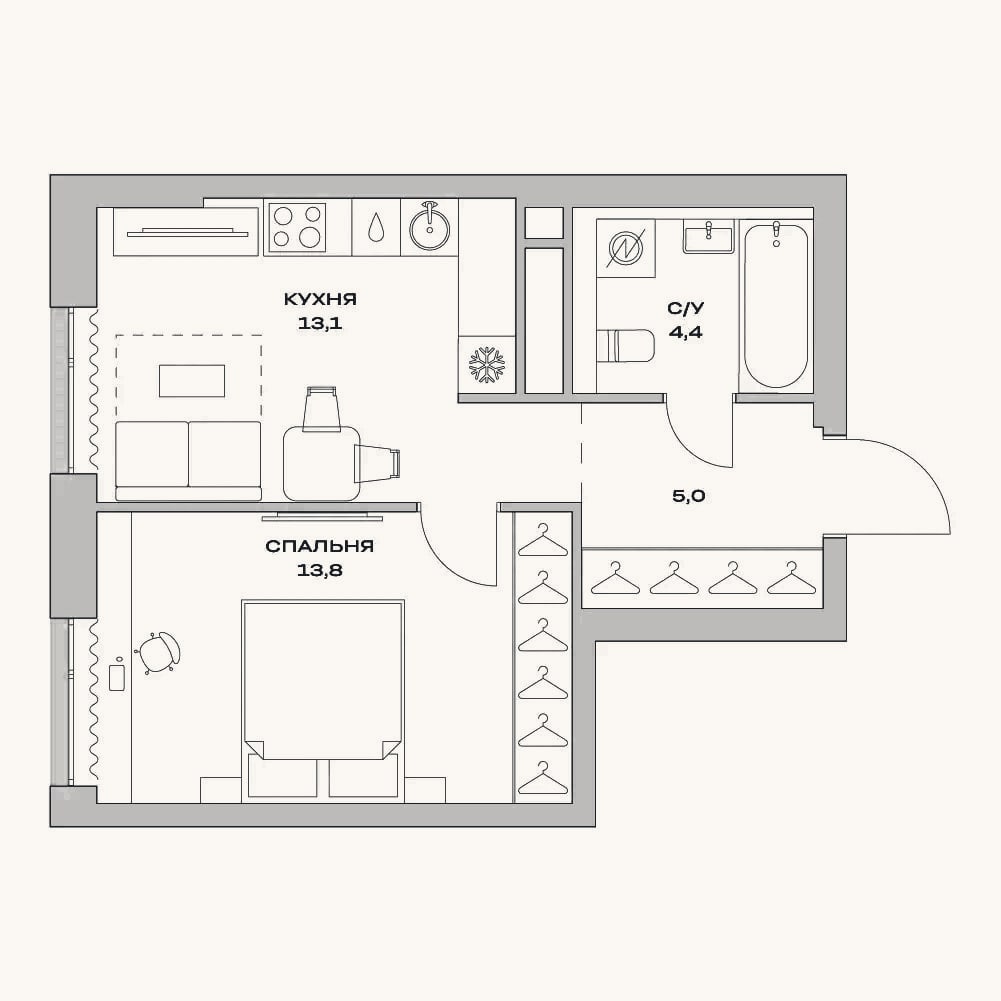 Планировка: 1-к, 36,3 м²