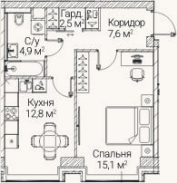 Планировка: 1-к, 43,2 м²