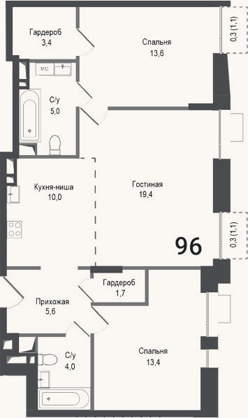 Планировка: 3-к, 76,1 м²