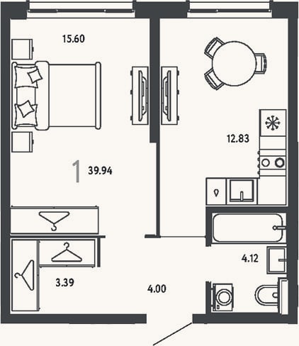 Планировка: 1-к, 39,9 м²