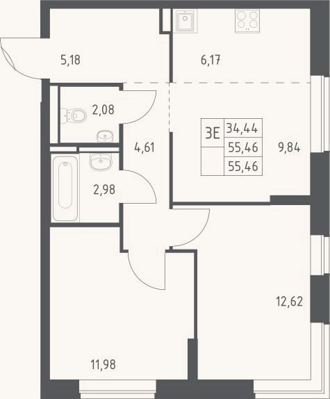 Планировка: 3-к, 55,5 м²