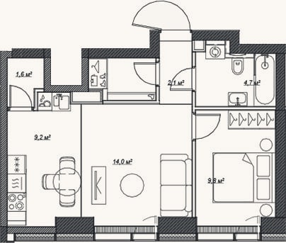 Планировка: 2-к, 44,3 м²