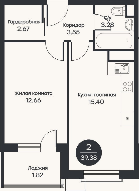 Планировка: 2-к, 37,5 м²