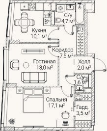 Планировка: 2-к, 59,4 м²