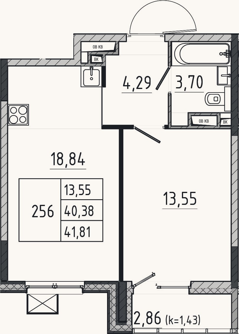 Планировка: 2-к, 40,4 м²