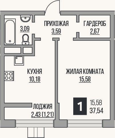 Планировка: 1-к, 35,1 м²