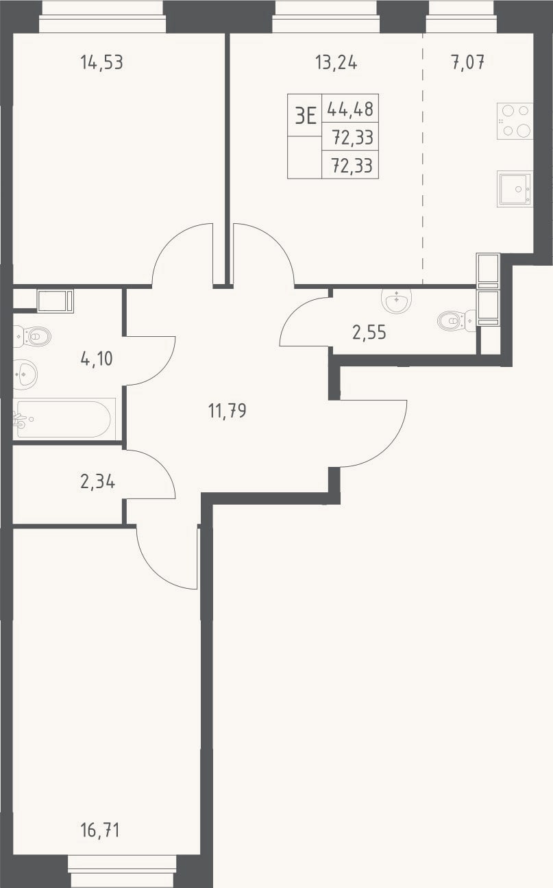 Планировка: 3-к, 72,3 м²