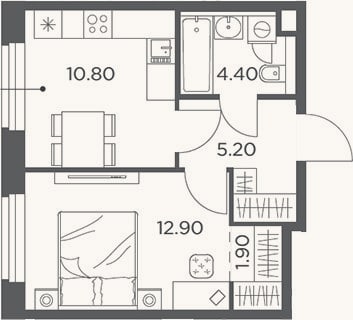 Планировка: 1-к, 35,2 м²