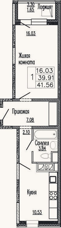 Планировка: 1-к, 41 м²