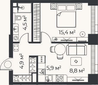 Планировка: 2-к, 38,4 м²