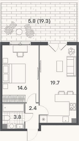 Планировка: 2-к, 40,5 м²