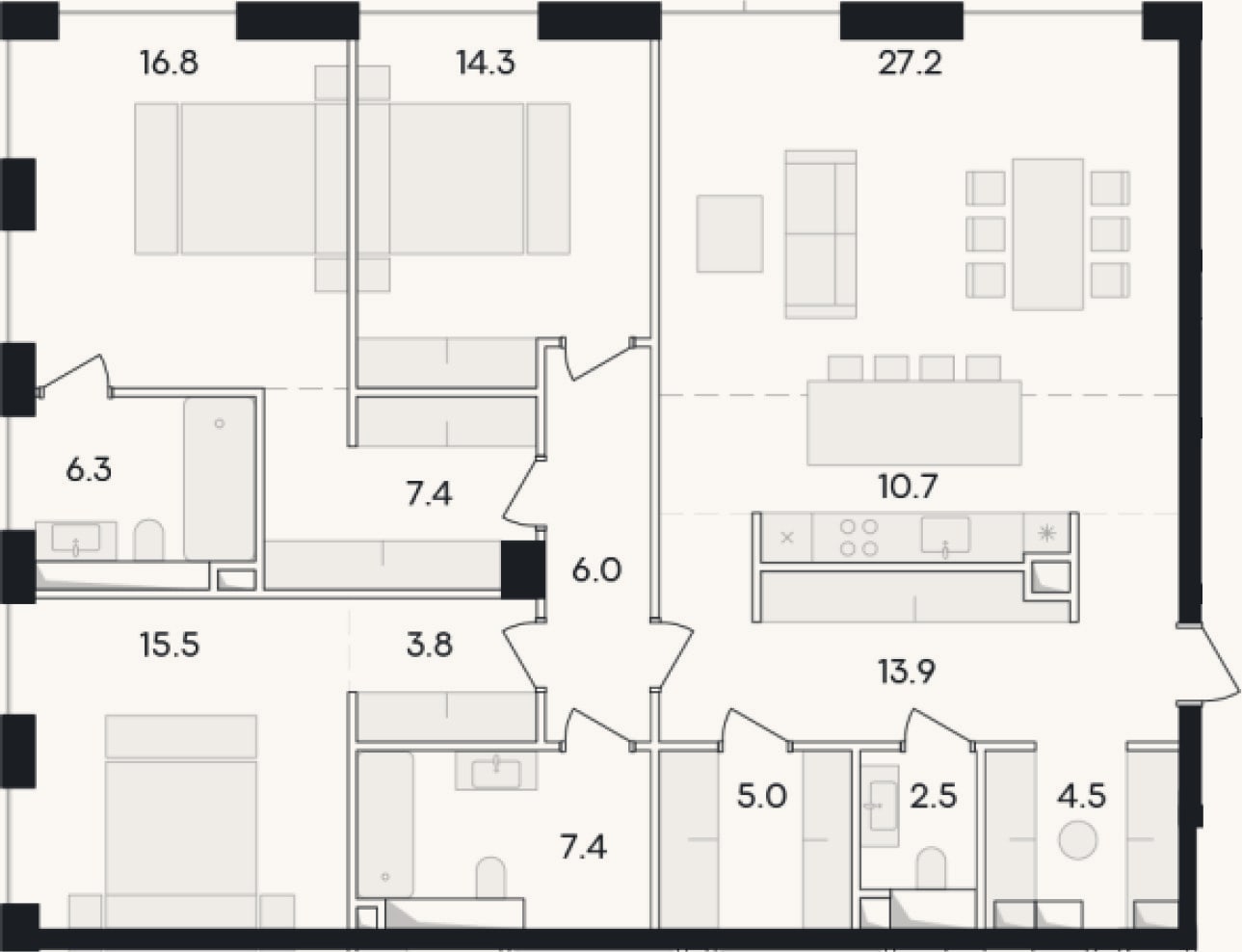 Планировка: 4+ к, 143,6 м²