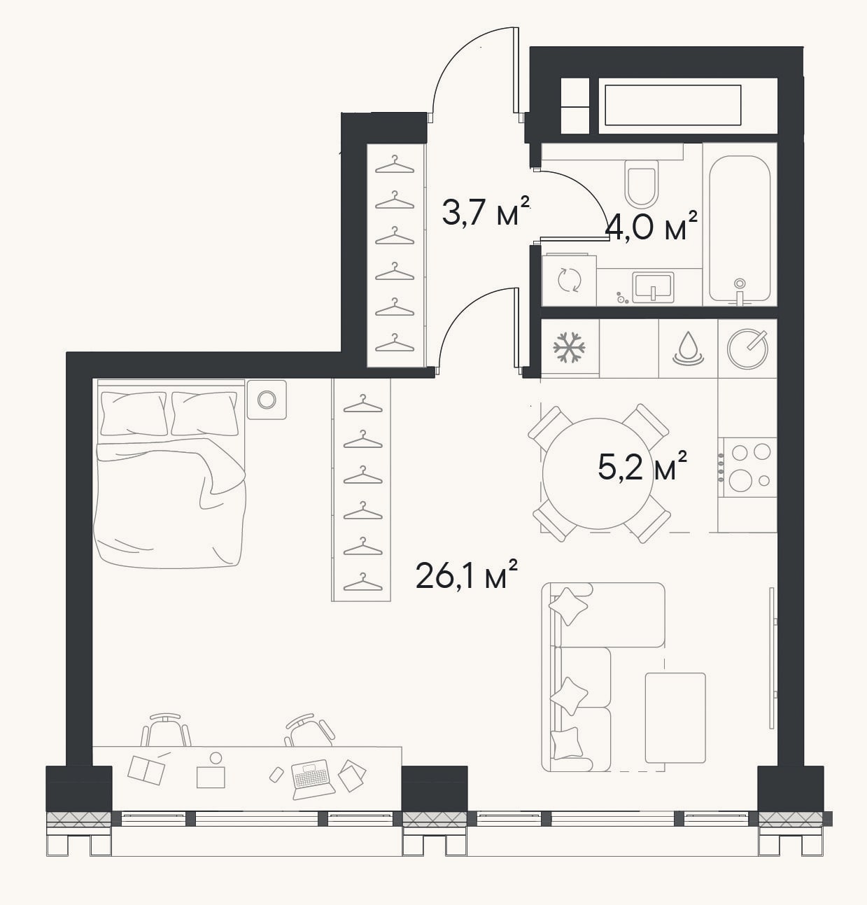 Планировка: Студия, 39 м²