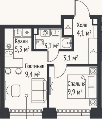 Планировка: 2-к, 34,9 м²