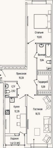 Планировка: 2-к, 75 м²