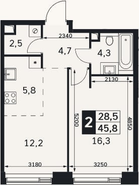 Планировка: 2-к, 45,8 м²