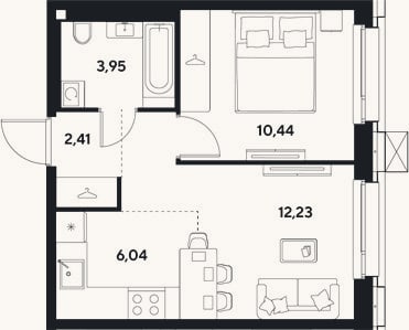 Планировка: 2-к, 35,1 м²