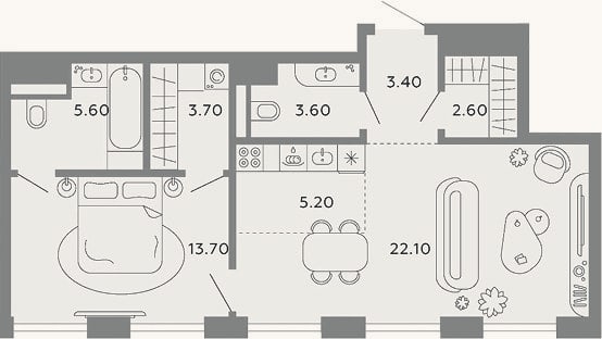 Планировка: 2-к, 59,9 м²