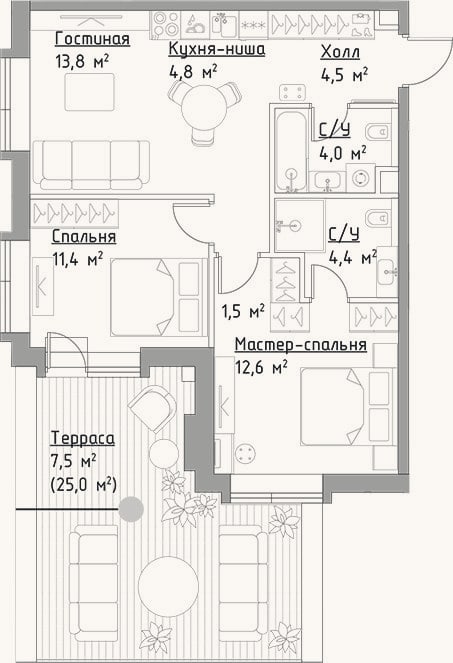 Планировка: 3-к, 57 м²