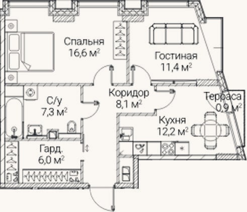 Планировка: 2-к, 61,6 м²