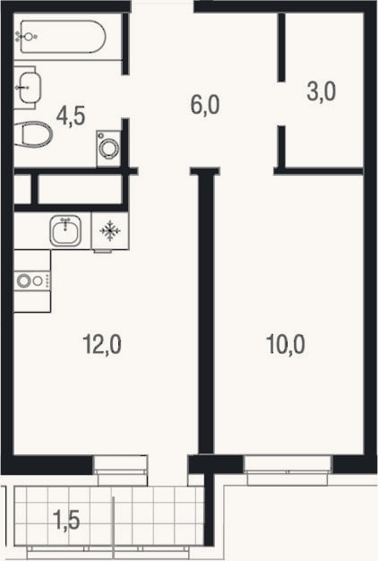 Планировка: 1-к, 35,5 м²