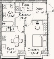 Планировка: 1-к, 41,3 м²