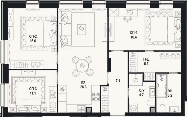 Планировка: 3-к, 93,1 м²