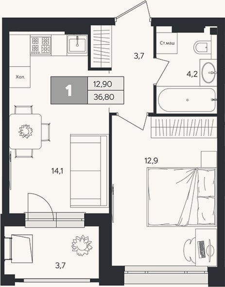 Планировка: 1-к, 35 м²