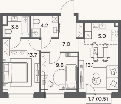 Планировка: 3-к, 56,6 м²
