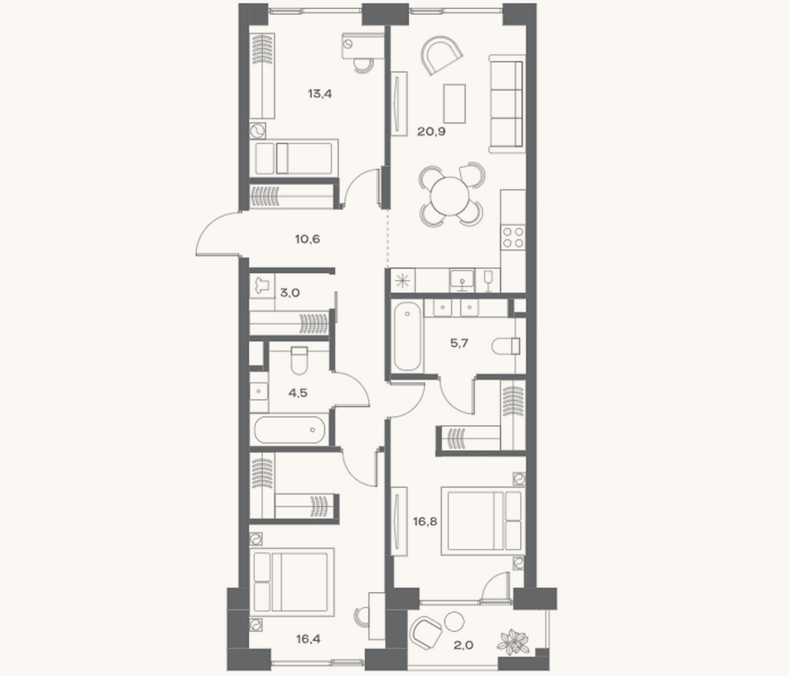 Планировка: 4+ к, 91,3 м²