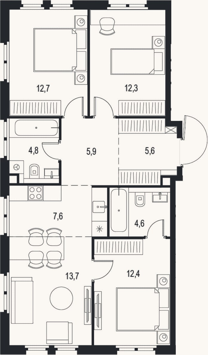 Планировка: 4+ к, 79,6 м²