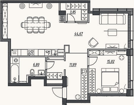 Планировка: 2-к, 77,1 м²