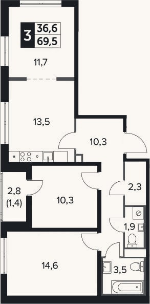 Планировка: 3-к, 68,1 м²