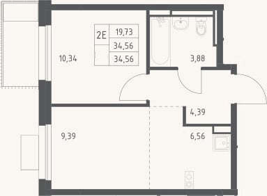Планировка: 2-к, 34,6 м²