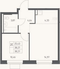 Планировка: 2-к, 38,3 м²
