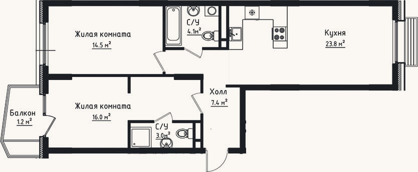 Планировка: 2-к, 68,8 м²