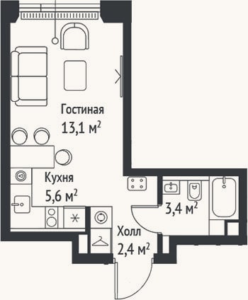 Планировка: Студия, 24,5 м²